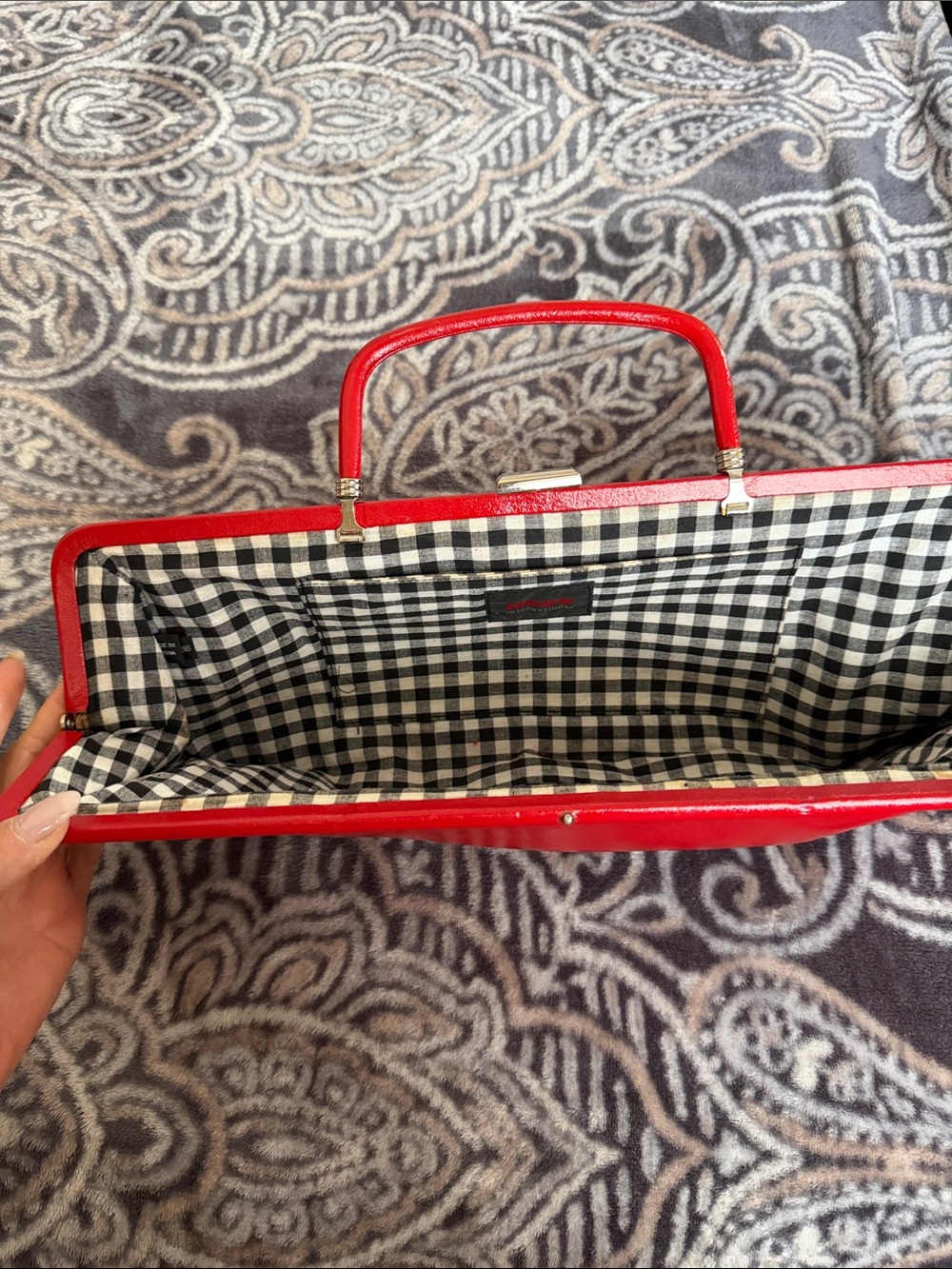 Red Structured Top-Handle Women’s Bag - Classic Gingham Lining
